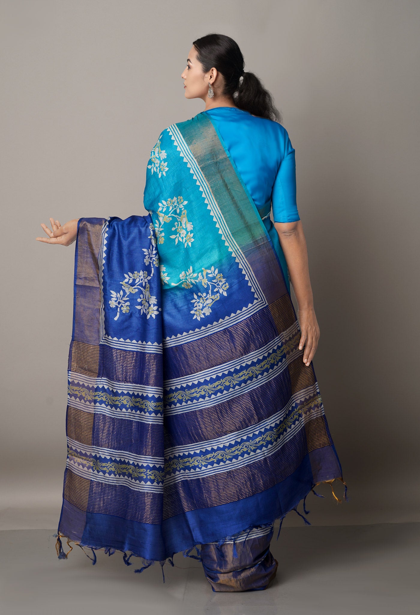 Blue Pure Handloom Bengal Tussar Silk Saree-UNM67166