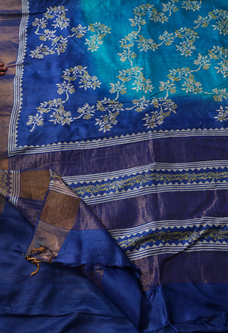 Blue Pure Handloom Bengal Tussar Silk Saree-UNM67166