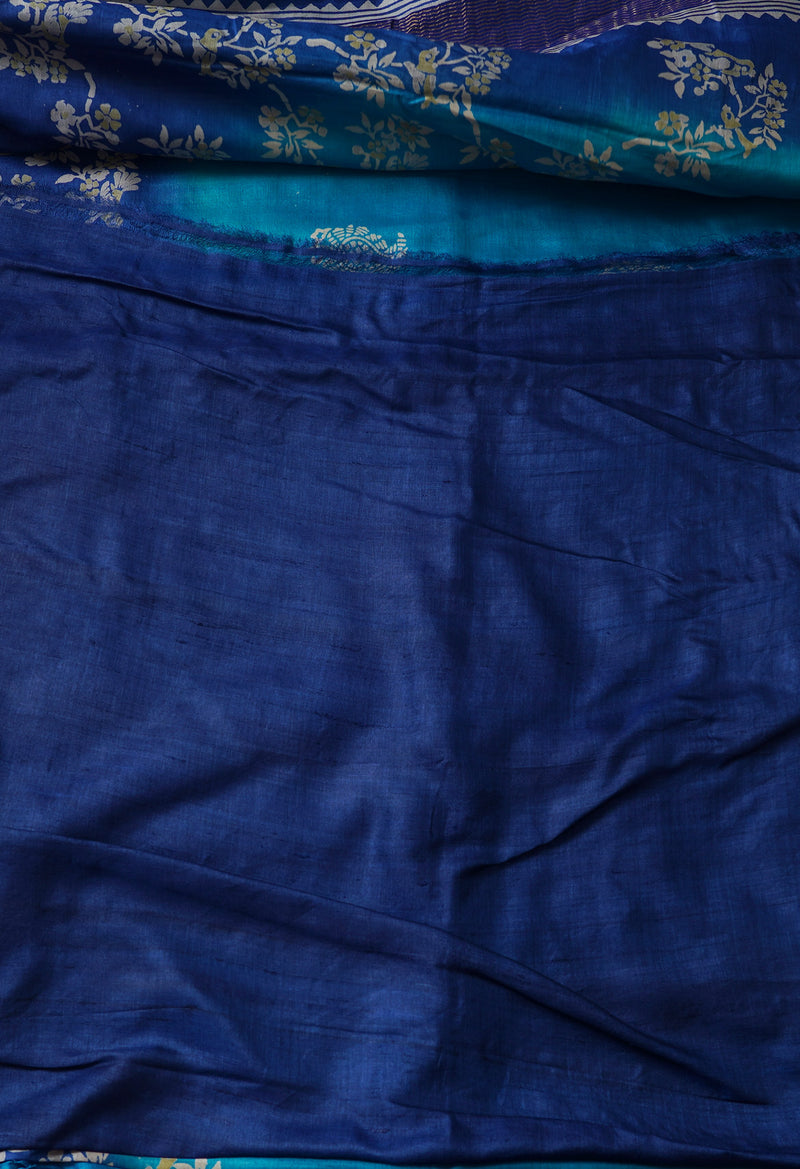 Blue Pure Handloom Bengal Tussar Silk Saree-UNM67166