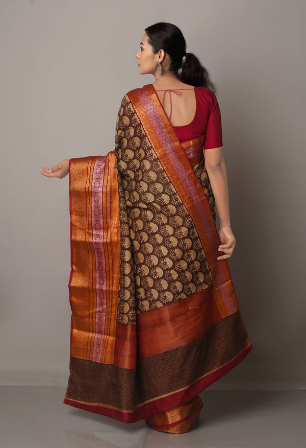 Dark Brown-Maroon  Block Printed Maheshwari Sico Saree-UNM67185