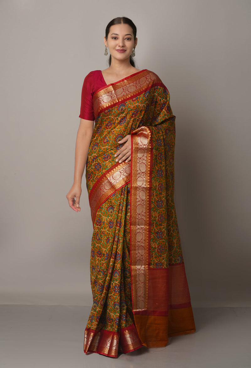 Chocolate Brown-Maroon  Block Printed  Maheshwari Sico Saree-UNM67190