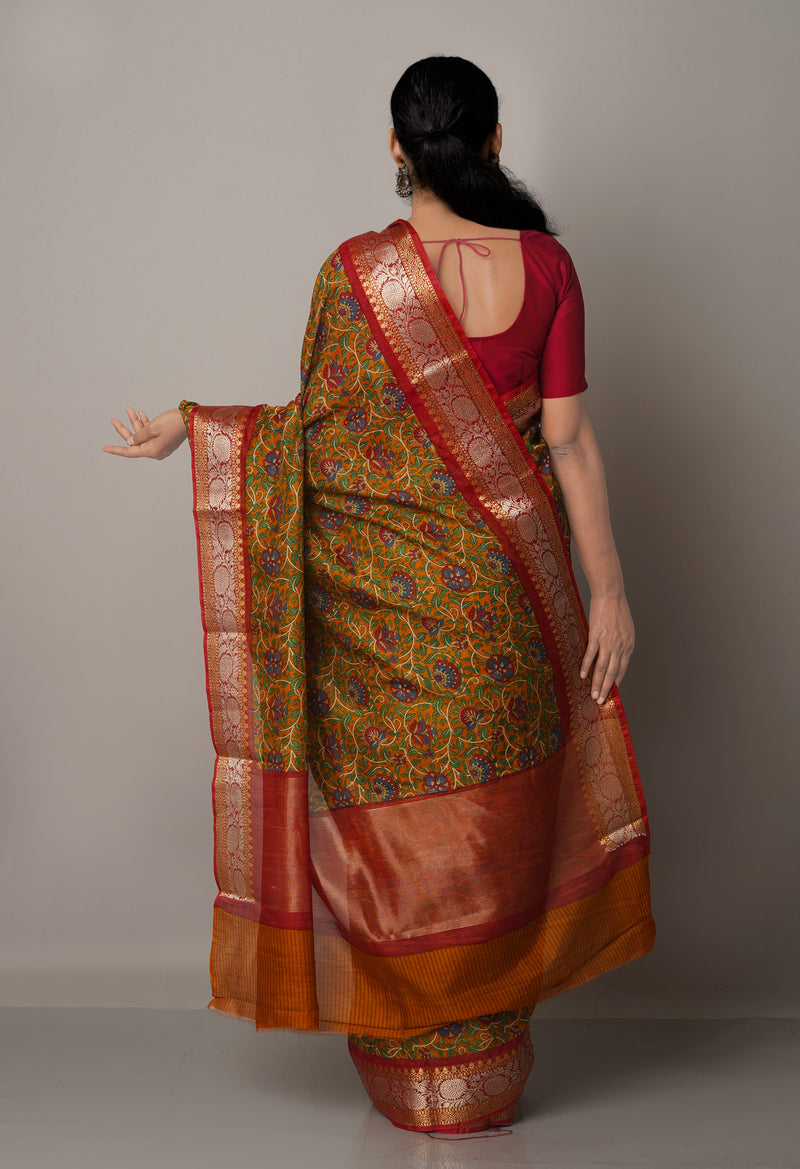 Chocolate Brown-Maroon  Block Printed  Maheshwari Sico Saree-UNM67190