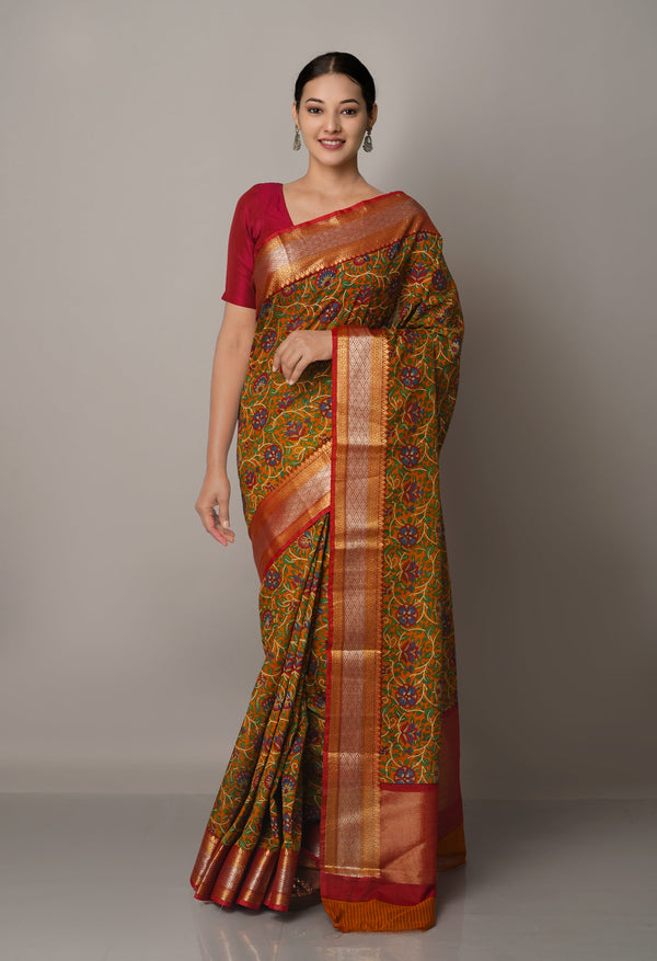 Chocolate Brown-Maroon  Block Printed  Maheshwari Sico Saree-UNM67191