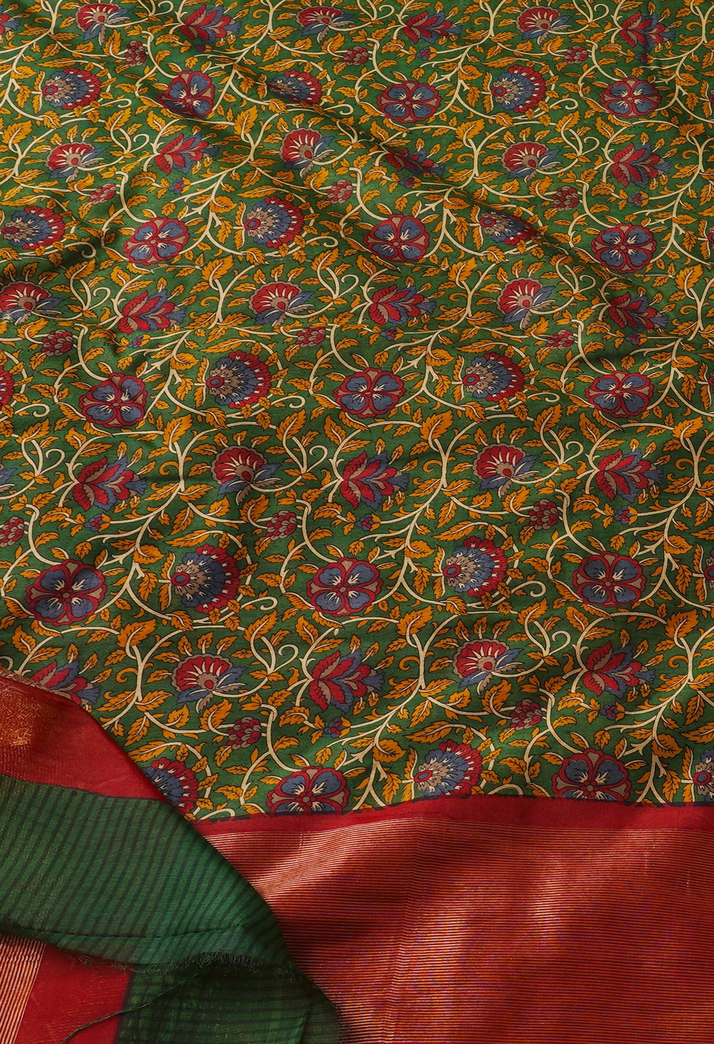 Green-Red  Block Printed  Maheshwari Sico Saree-UNM67197