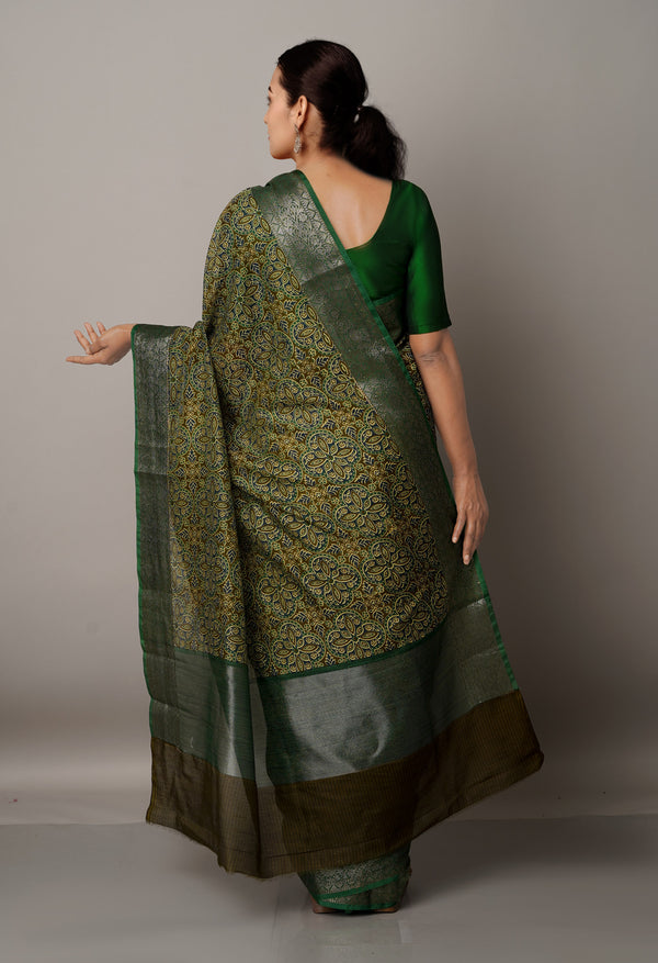 Multi-Green  Ajrakh Printed Maheshwari Sico Saree-UNM67205
