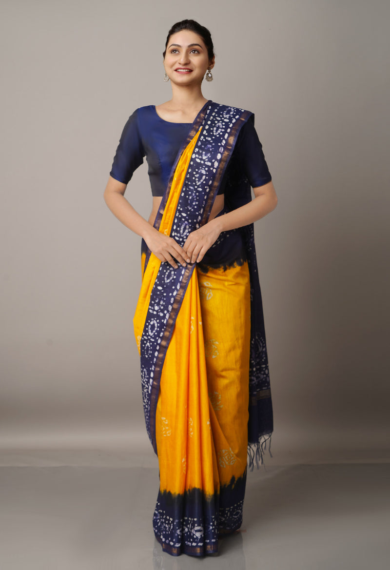 YellowNavy Blue Pure Batik Chanderi  Silk Saree-UNM67232