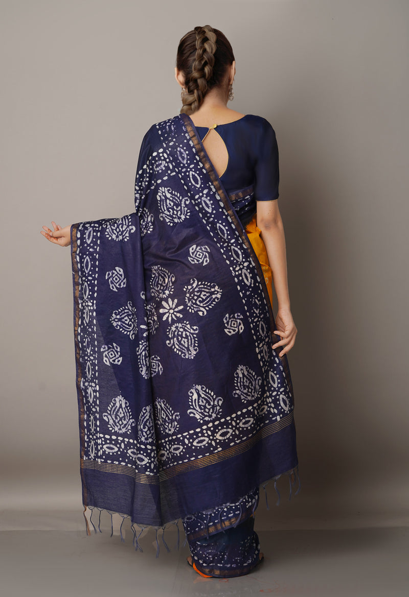 YellowNavy Blue Pure Batik Chanderi  Silk Saree-UNM67232
