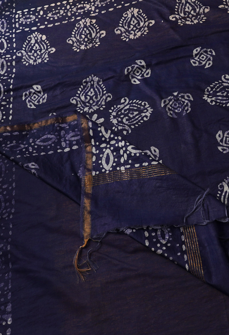 YellowNavy Blue Pure Batik Chanderi  Silk Saree-UNM67232