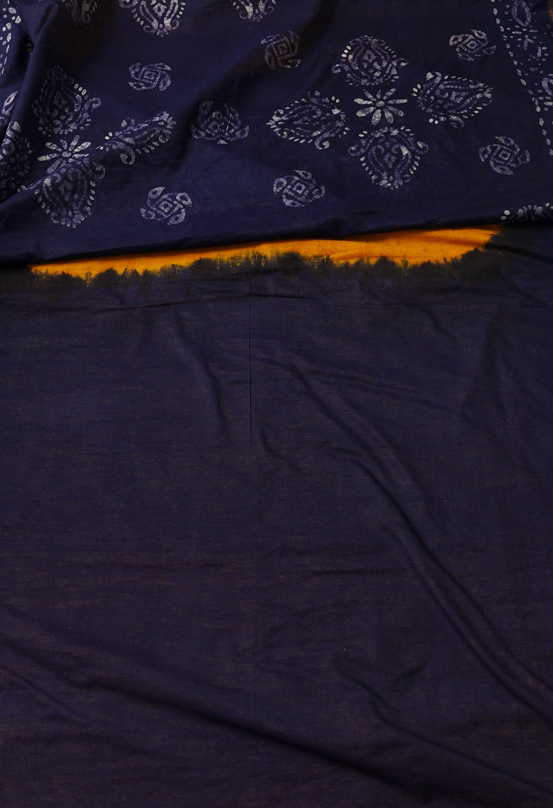 YellowNavy Blue Pure Batik Chanderi  Silk Saree-UNM67232