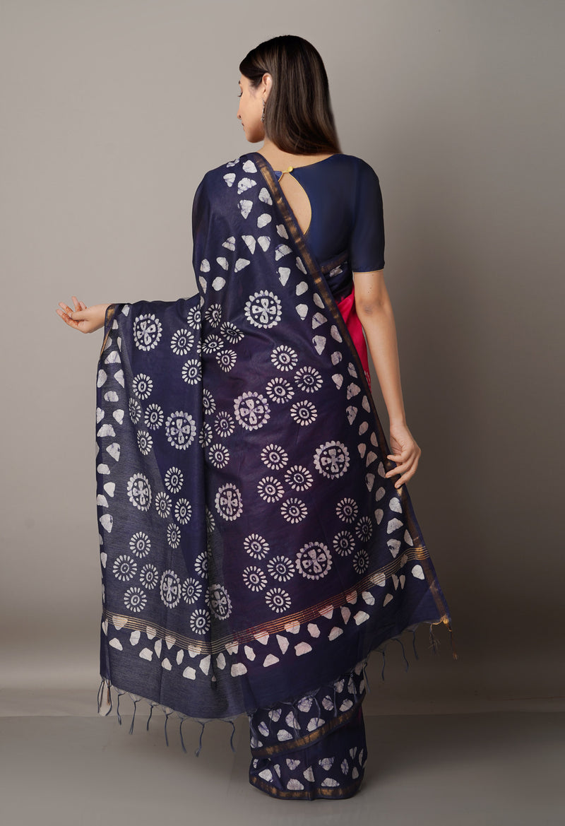 PinkNavy Blue Pure Batik Chanderi  Silk Saree-UNM67235