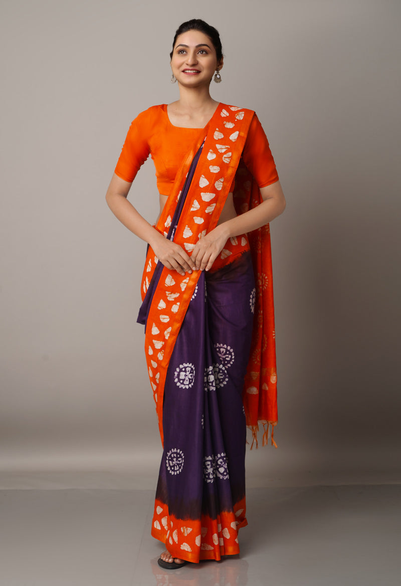 Navy Blue-Orange Pure Batik Chanderi  Silk Saree-UNM67238
