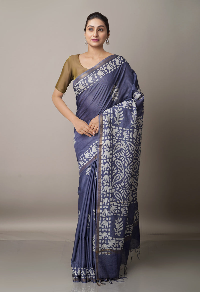 Grey Pure Batik Chanderi  Silk Saree-UNM67250