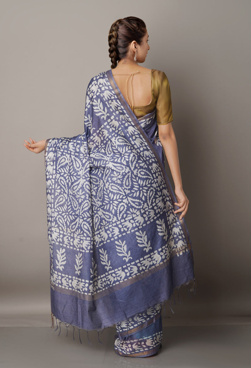 Grey Pure Batik Chanderi  Silk Saree-UNM67250