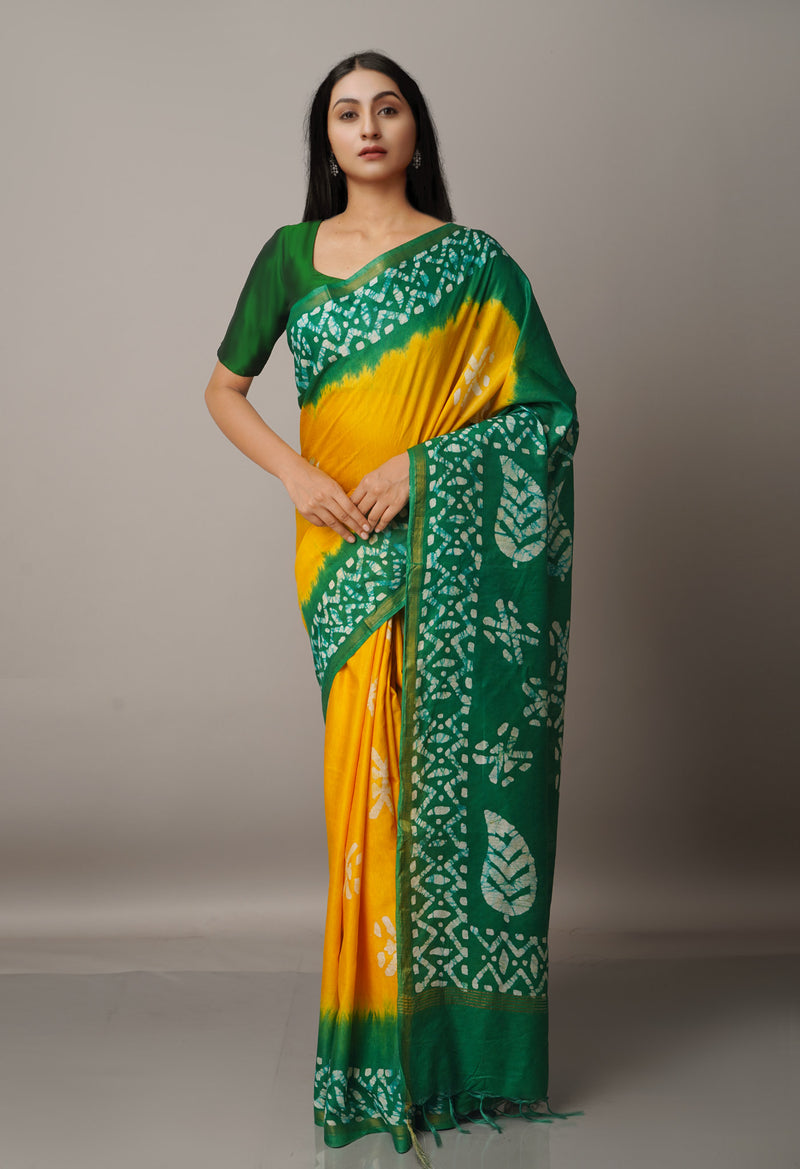 Yellow-Green Pure Batik Chanderi  Silk Saree-UNM67252