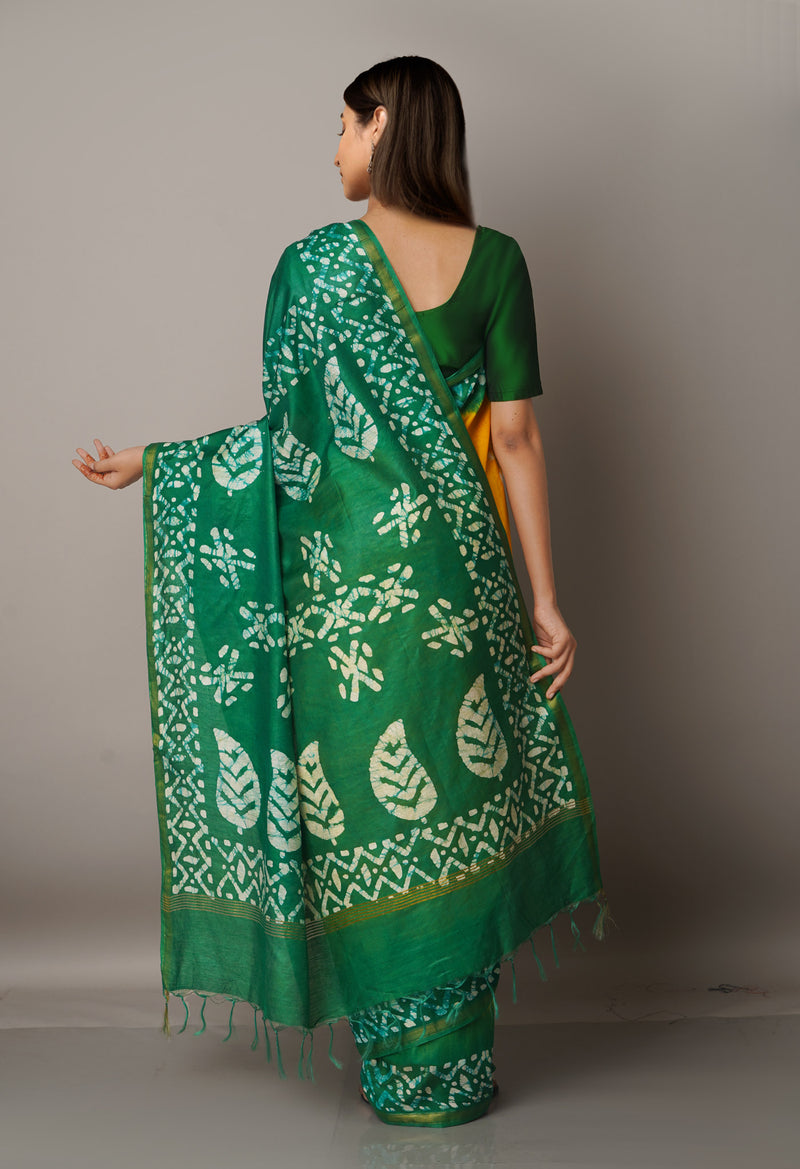 Yellow-Green Pure Batik Chanderi  Silk Saree-UNM67252