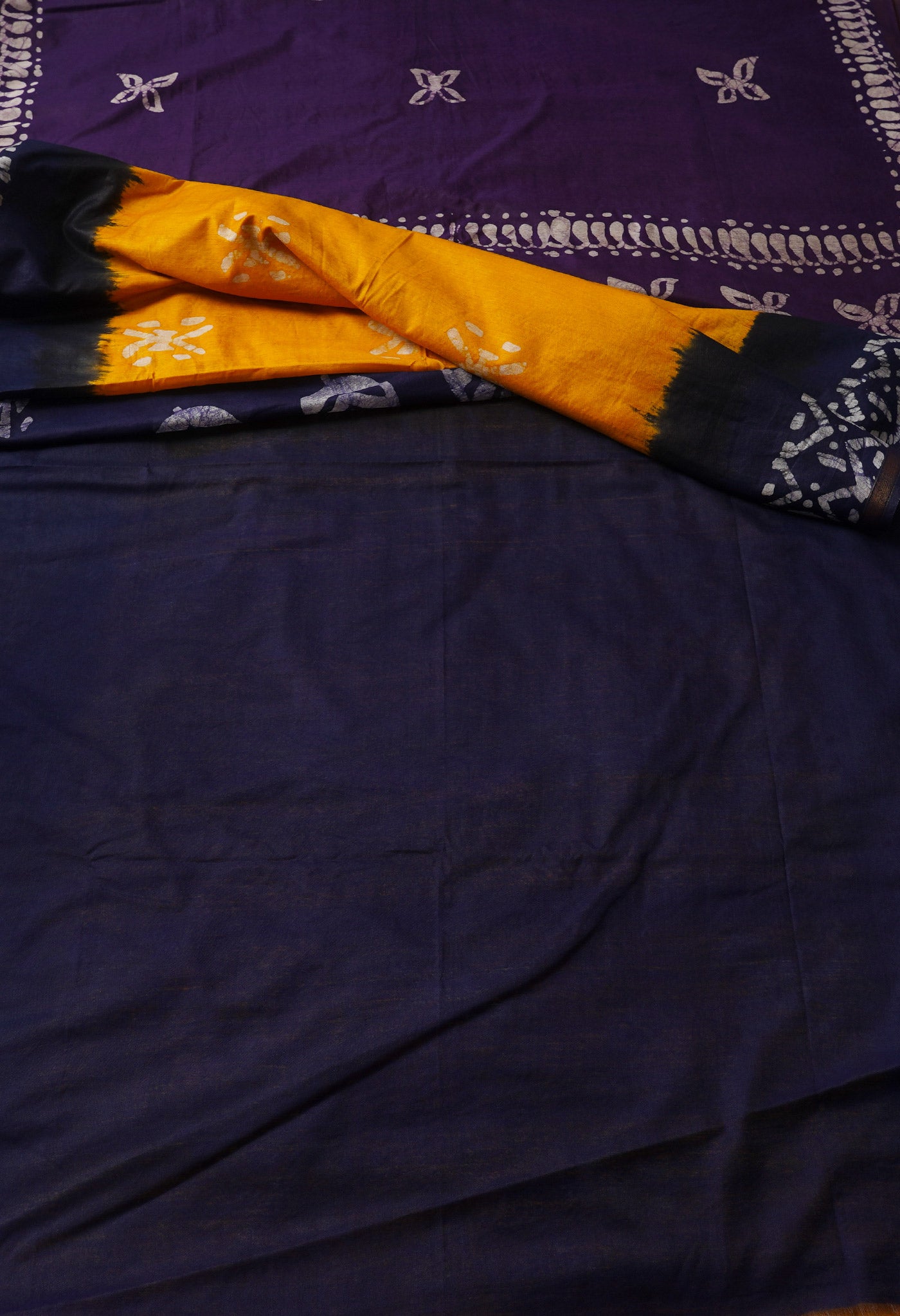 YellowNavy Blue Pure Batik Chanderi  Silk Saree-UNM67254