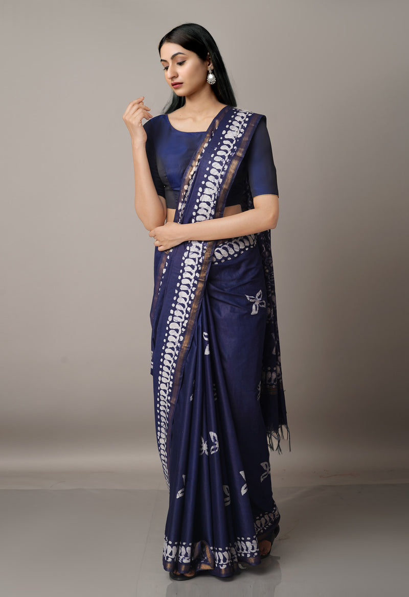 Navy Blue Pure Batik Chanderi  Silk Saree-UNM67279