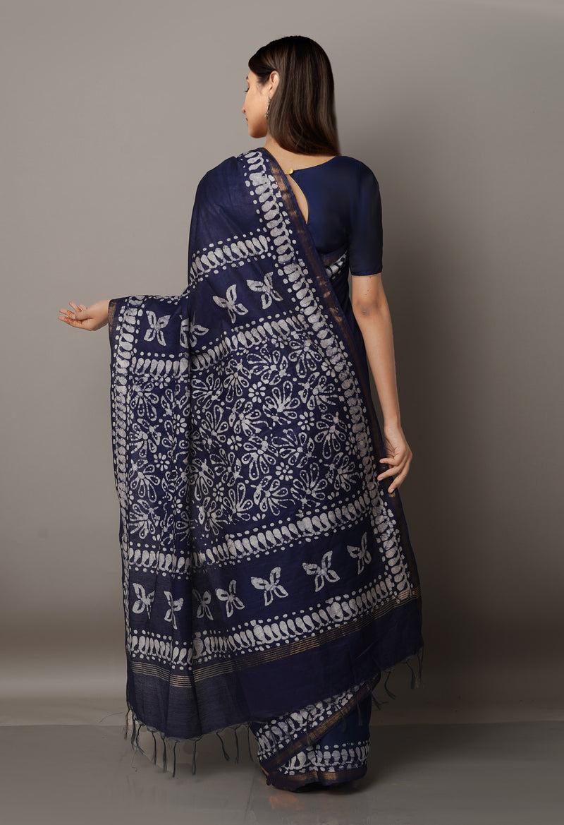 Navy Blue Pure Batik Chanderi  Silk Saree-UNM67279