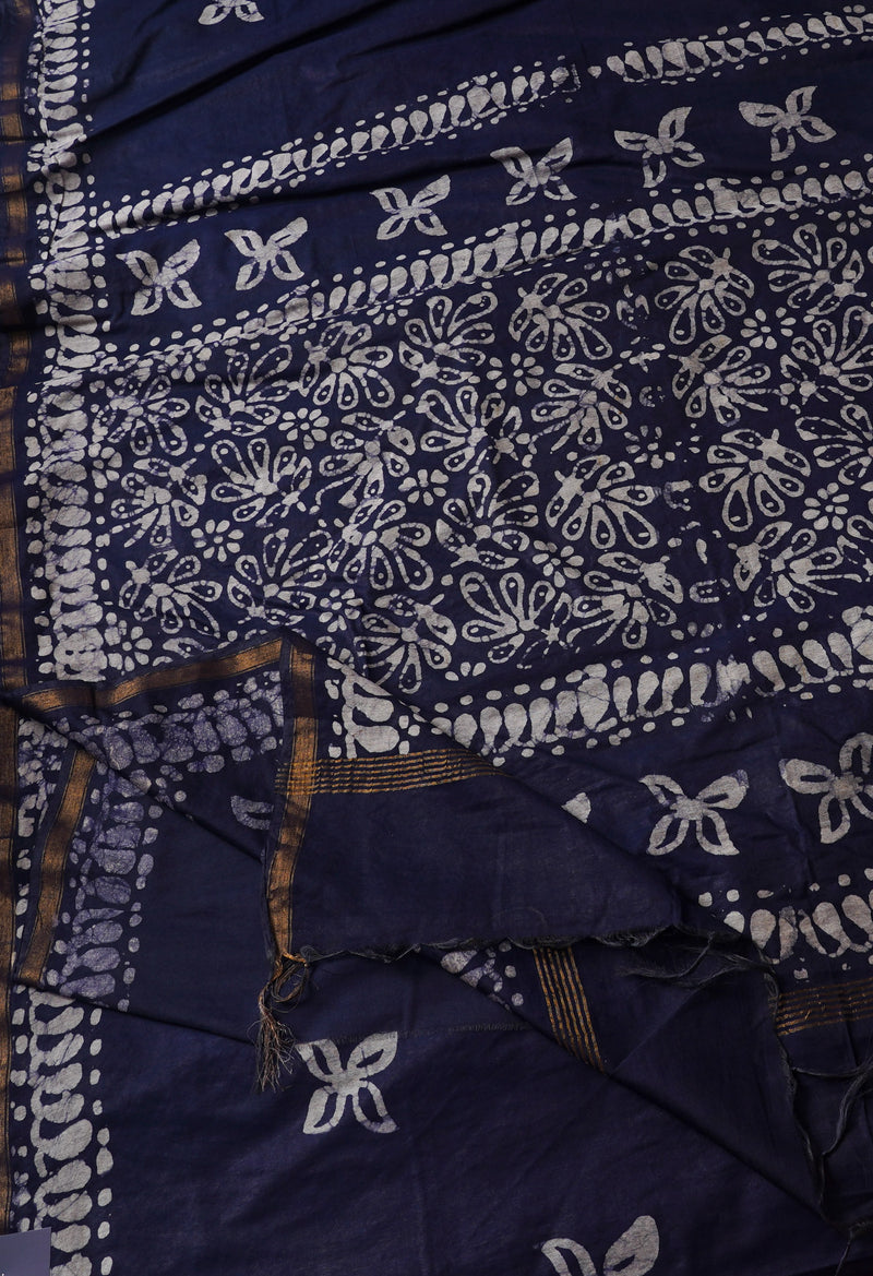 Navy Blue Pure Batik Chanderi  Silk Saree-UNM67279