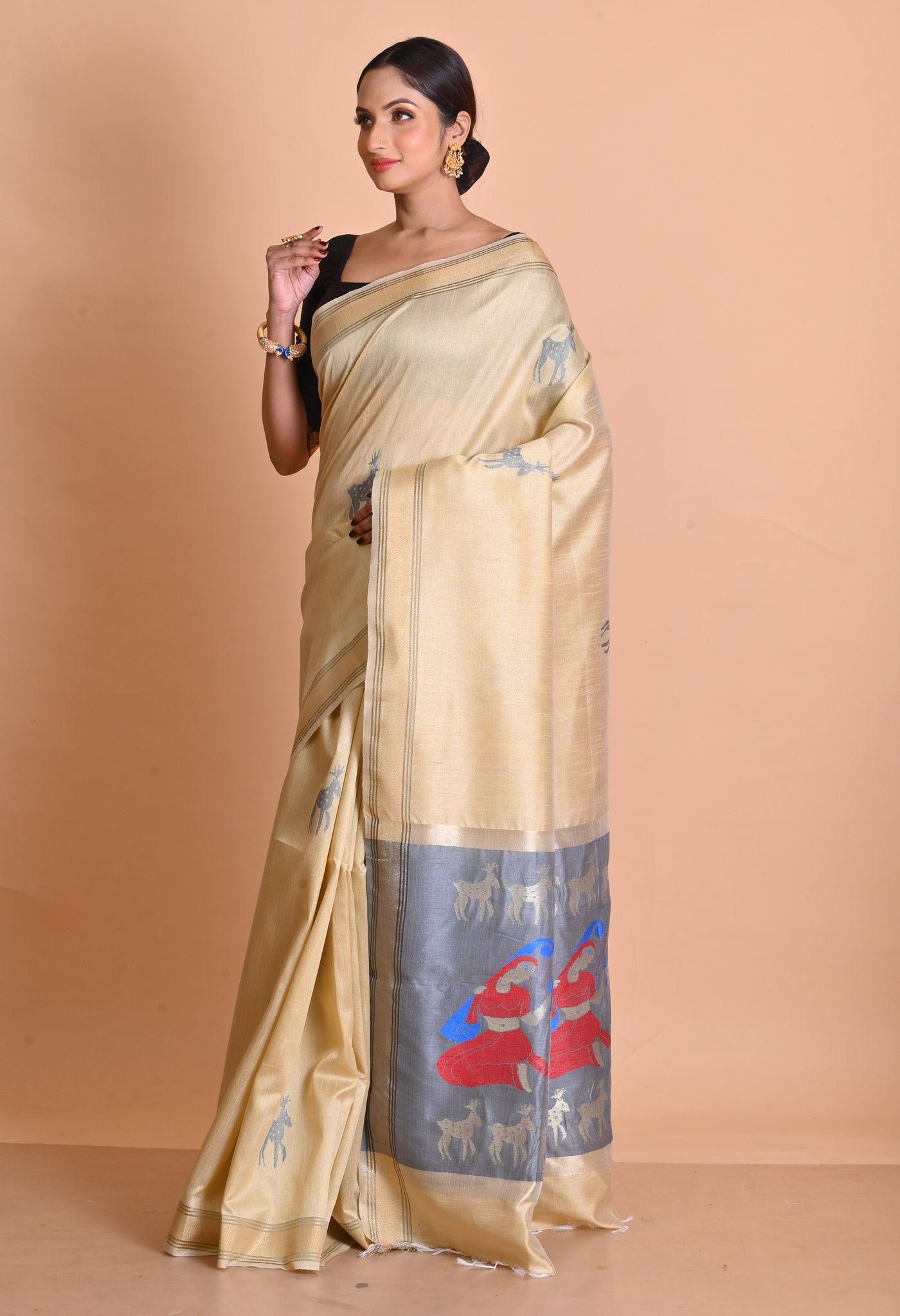 Cream Dupion Silk Saree-UNM67884