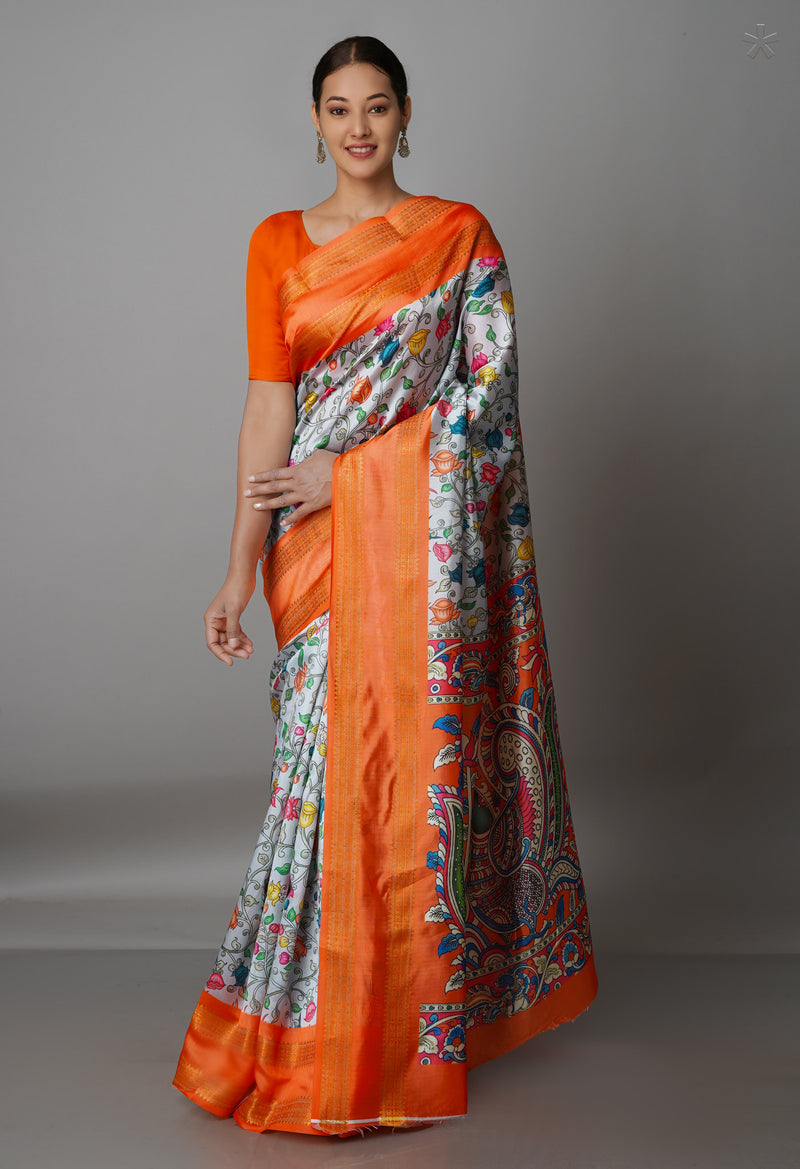 White  Kalamkari Soft Silk Saree-UNM69161