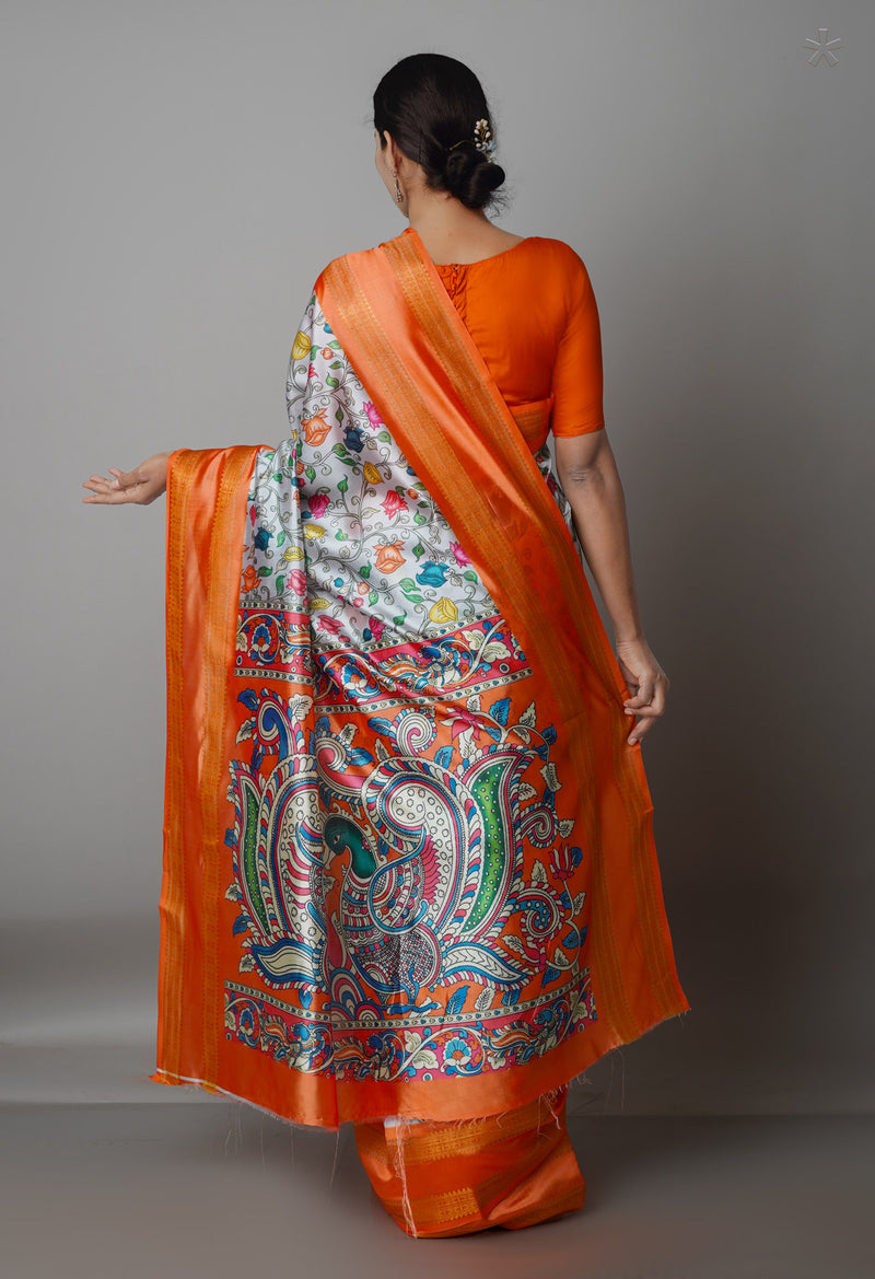 White  Kalamkari Soft Silk Saree-UNM69161
