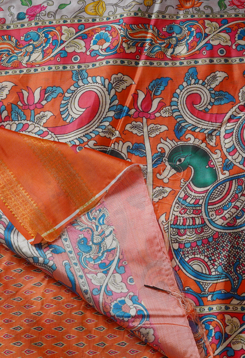 White  Kalamkari Soft Silk Saree-UNM69161