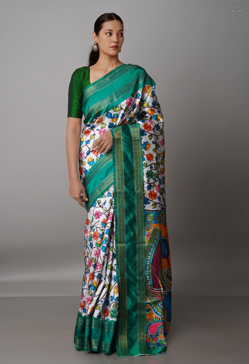 White  Kalamkari Soft Silk Saree-UNM69171