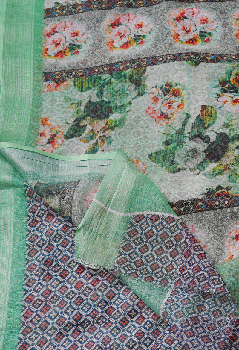 Pale Green  Digital Printed Linen Saree-UNM69187