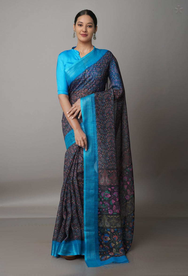 Dark Olive Green  Digital Printed Linen Saree-UNM69191