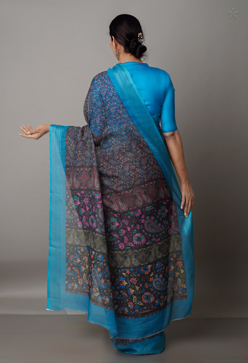 Dark Olive Green  Digital Printed Linen Saree-UNM69191