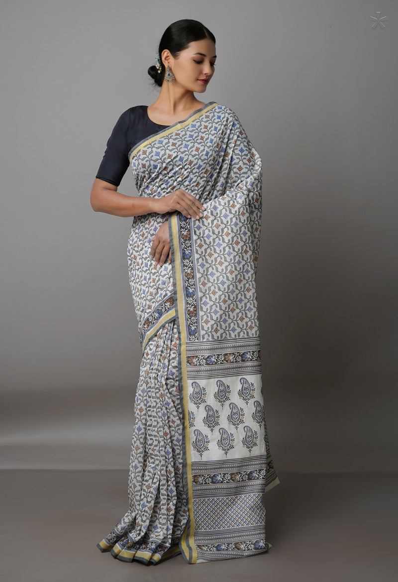 Ivory  Block Printed Chanderi Sico Saree-UNM69253