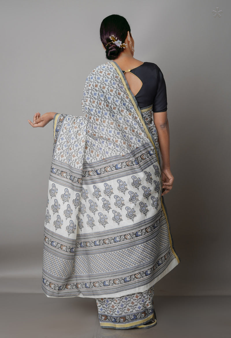 Ivory  Block Printed Chanderi Sico Saree-UNM69253