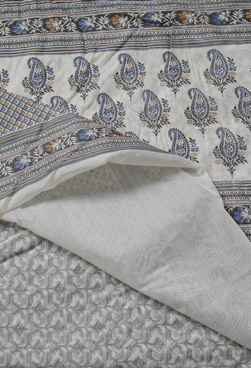 Ivory  Block Printed Chanderi Sico Saree-UNM69253