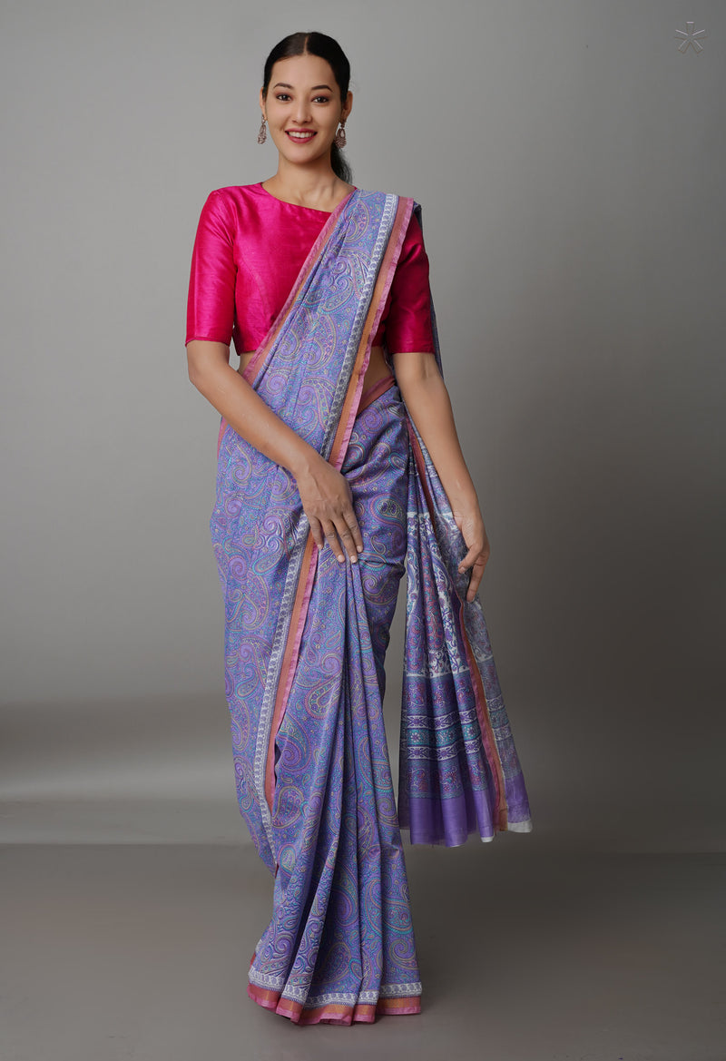 Lavender  Block Printed Chanderi Sico Saree-UNM69254