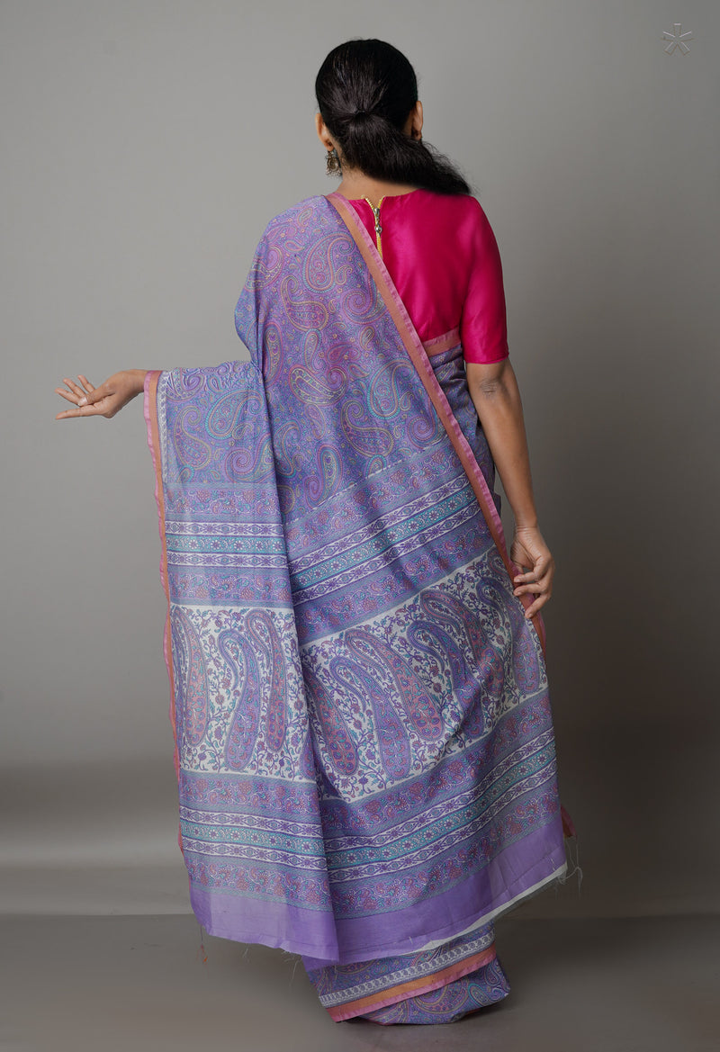Lavender  Block Printed Chanderi Sico Saree-UNM69254