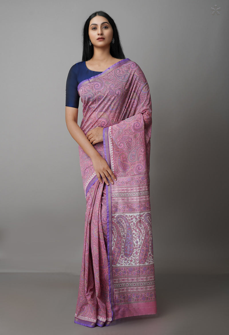 Pink  Block Printed Chanderi Sico Saree-UNM69255