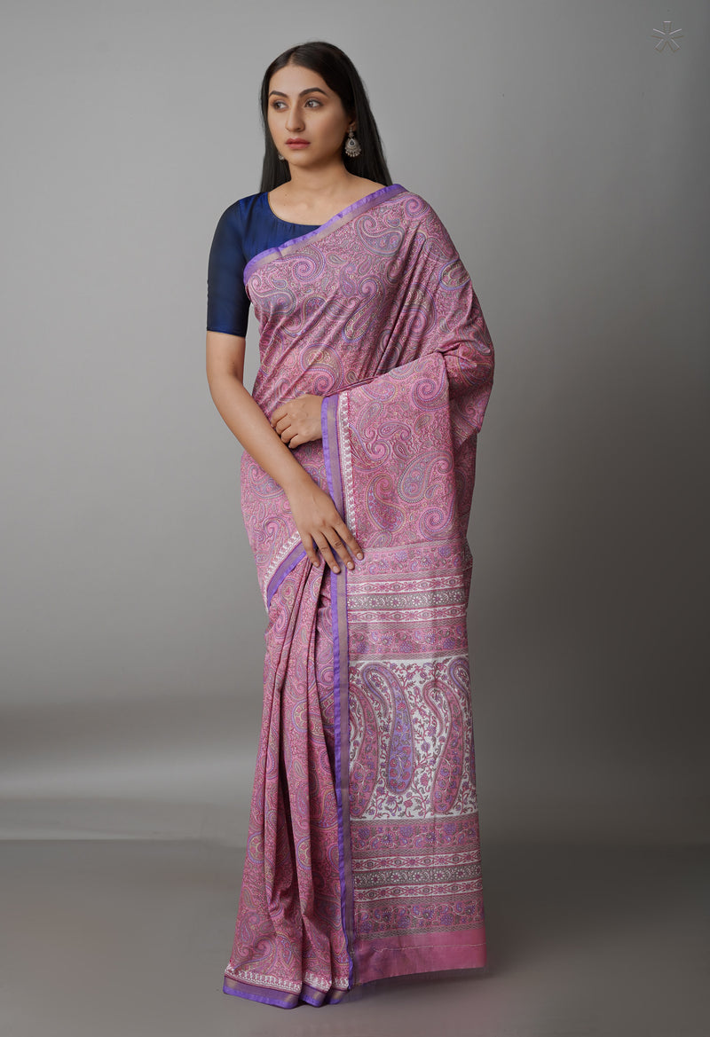 Pink  Block Printed Chanderi Sico Saree-UNM69255
