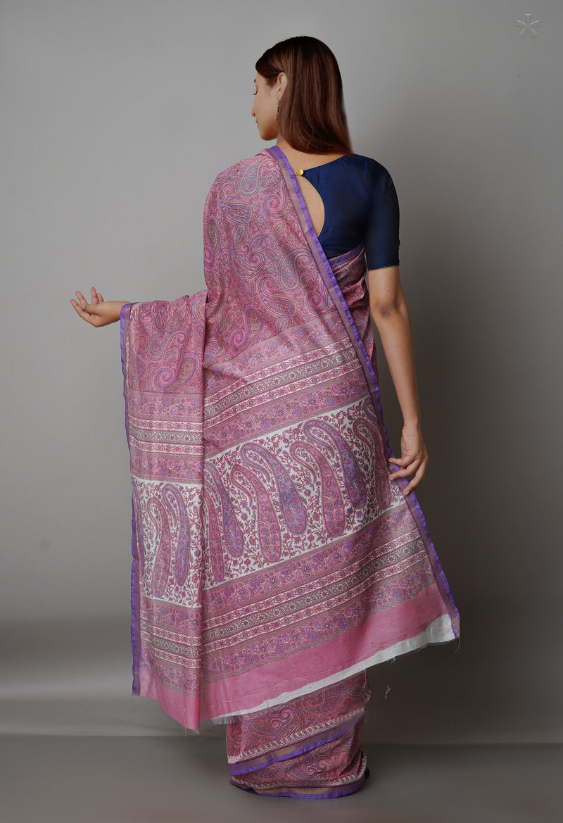 Pink  Block Printed Chanderi Sico Saree-UNM69255
