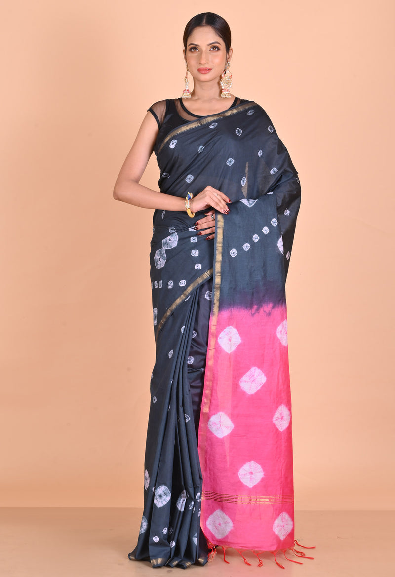 Dark Grey-Pink  Shibori Chanderi Sico Saree-UNM69323