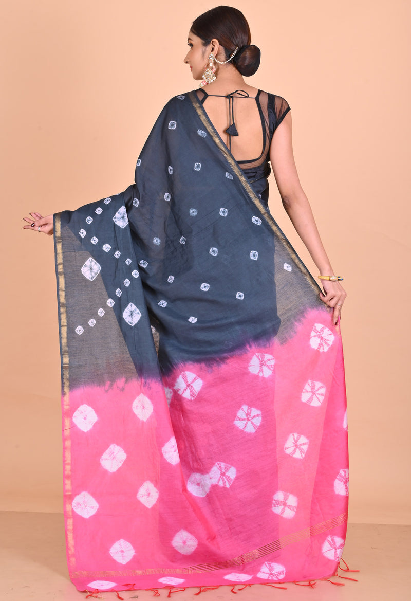 Dark Grey-Pink  Shibori Chanderi Sico Saree-UNM69323