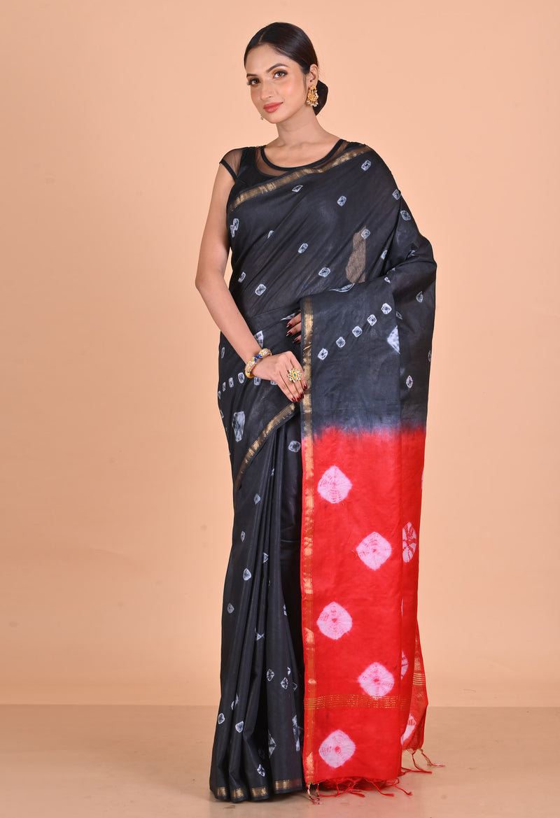 Black-Red  Shibori Chanderi Sico Saree-UNM69325