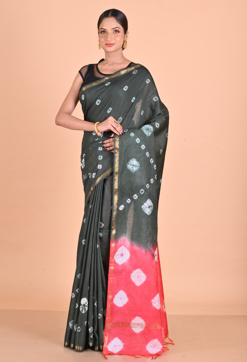 Olive Green-Pink  Shibori Chanderi Sico Saree-UNM69326