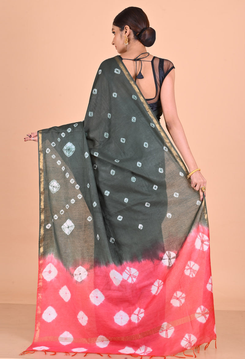 Olive Green-Pink  Shibori Chanderi Sico Saree-UNM69326