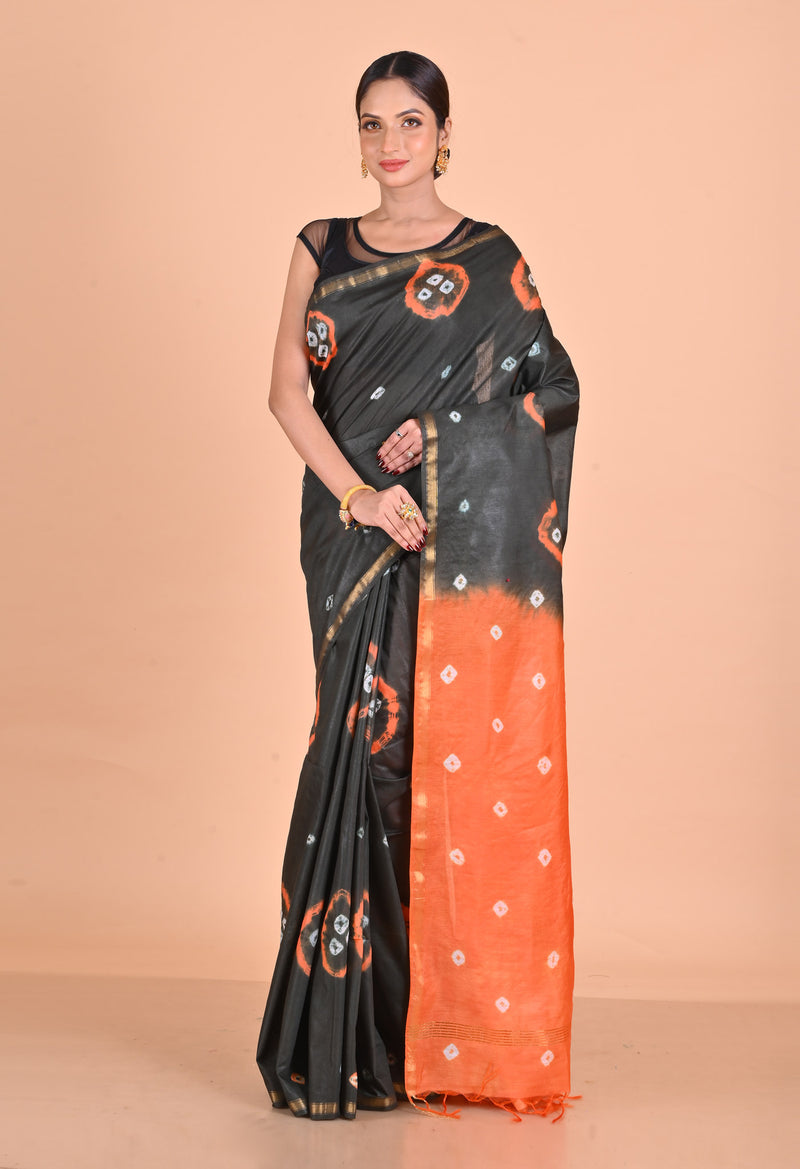 Black-Orange  Shibori Chanderi Sico Saree-UNM69327