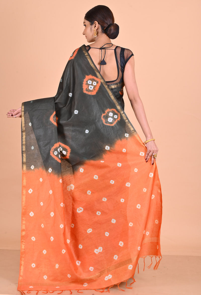Black-Orange  Shibori Chanderi Sico Saree-UNM69327