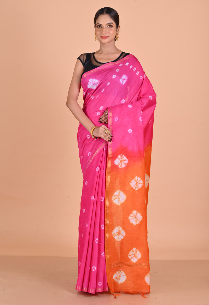 Pink-Orange  Shibori Chanderi Sico Saree-UNM69329