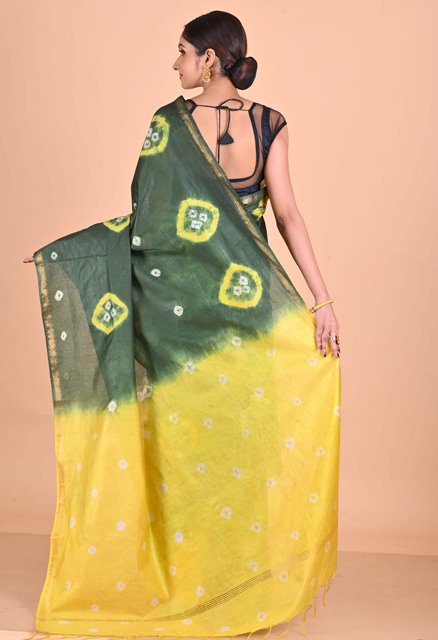 Olive Green-Yellow  Shibori Chanderi Sico Saree-UNM69332