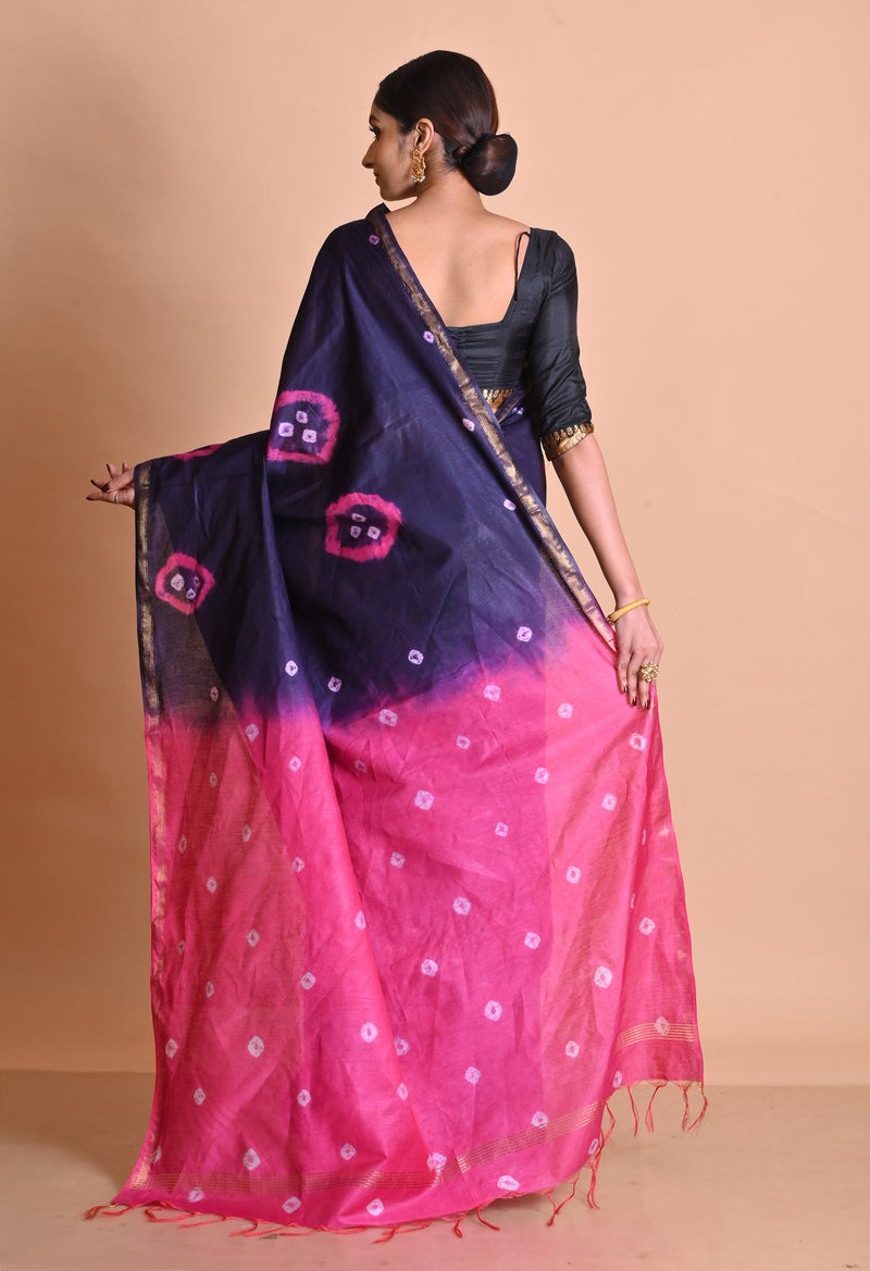 Navy Blue-Pink   Shibori Chanderi Sico Saree-UNM69334