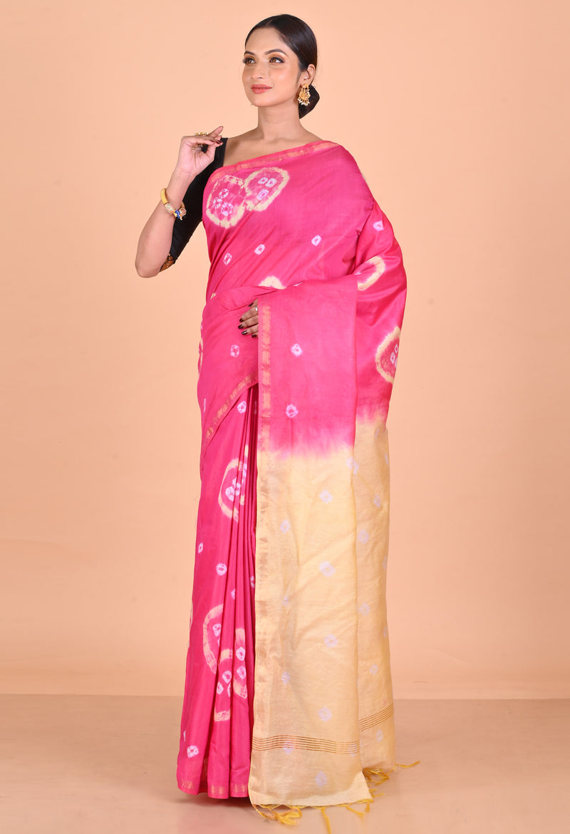 Pink-Cream  Shibori Chanderi Sico Saree-UNM69336